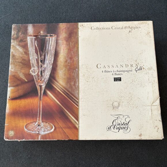 NEW (4) CASSANDRA Gold Rimmed Crystal Champagne Flutes Made in France IN BOX - Picture 2 of 8